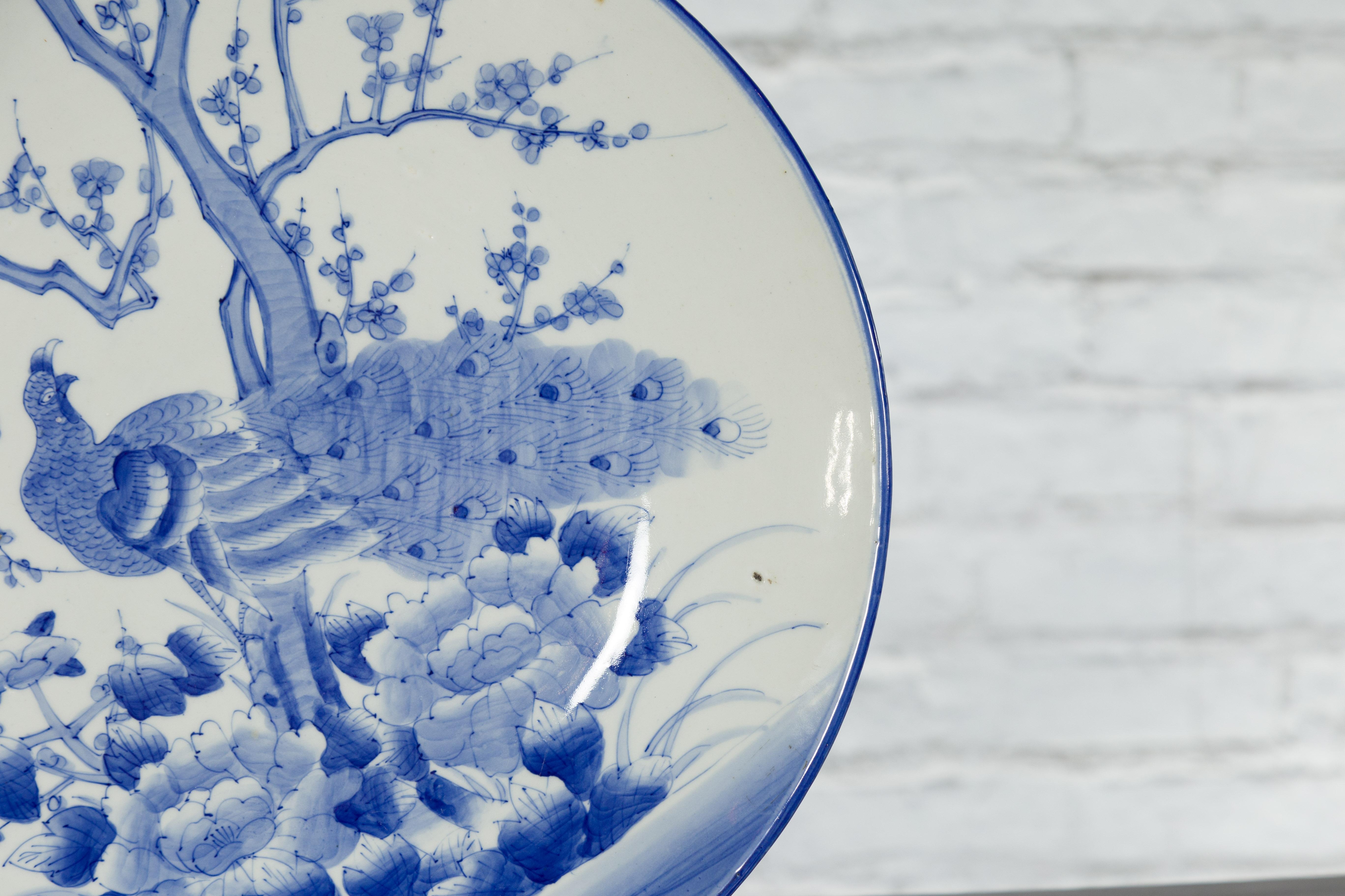Japanese Blue and White Hand-Painted Porcelain Charger Plate with Peacock Bird For Sale 4