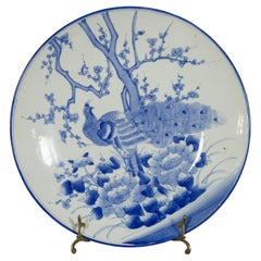Japanese Blue and White Hand-Painted Porcelain Charger Plate with Peacock Bird