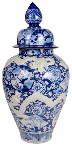 Japanese Blue and White Lidded Dragon Vase, circa 1900