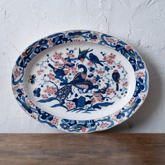 Japanese Blue and White Transferware Bird Scene Oval Platter