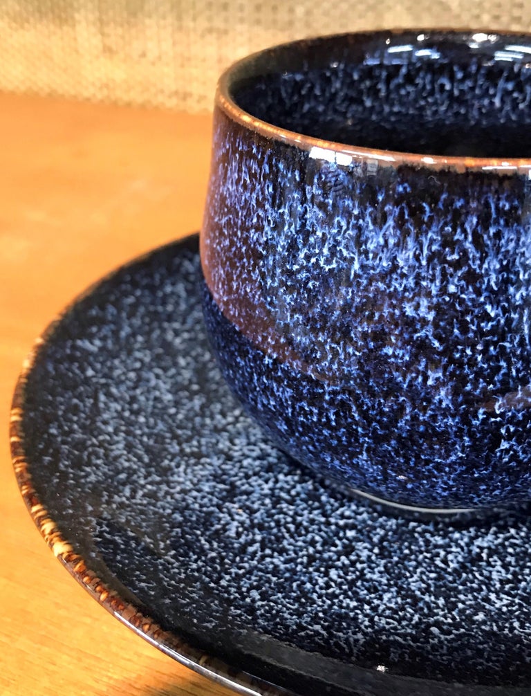 Japanese Blue Black Hand-Glazed Porcelain Cup and Saucer by Master Artist In New Condition For Sale In Vancouver, CA