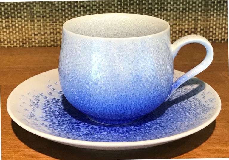 Contemporary Japanese Blue Black Hand-Glazed Porcelain Cup and Saucer by Master Artist For Sale