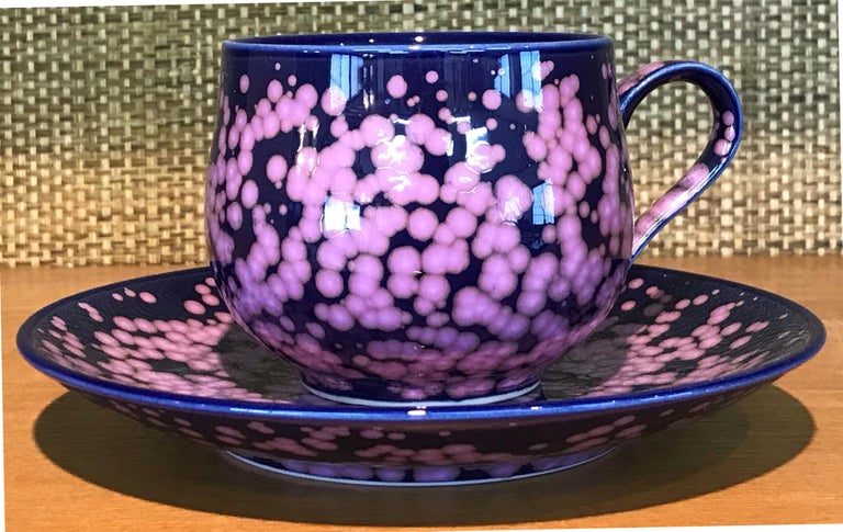 Japanese Blue Black Hand-Glazed Porcelain Cup and Saucer by Master Artist For Sale 1