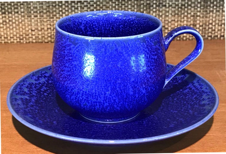 Japanese Blue Black Hand-Glazed Porcelain Cup and Saucer by Master Artist For Sale 2