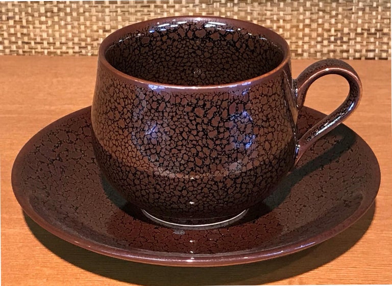 Japanese Blue Black Hand-Glazed Porcelain Cup and Saucer by Master Artist For Sale 5
