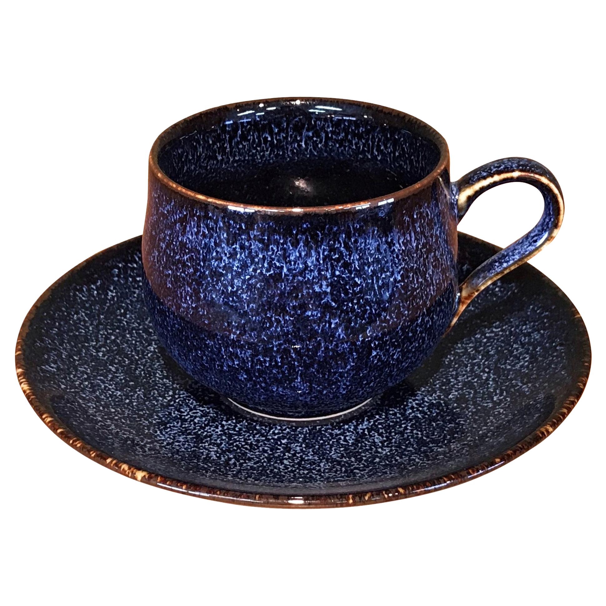 Japanese Blue Black Hand-Glazed Porcelain Cup and Saucer by Master Artist