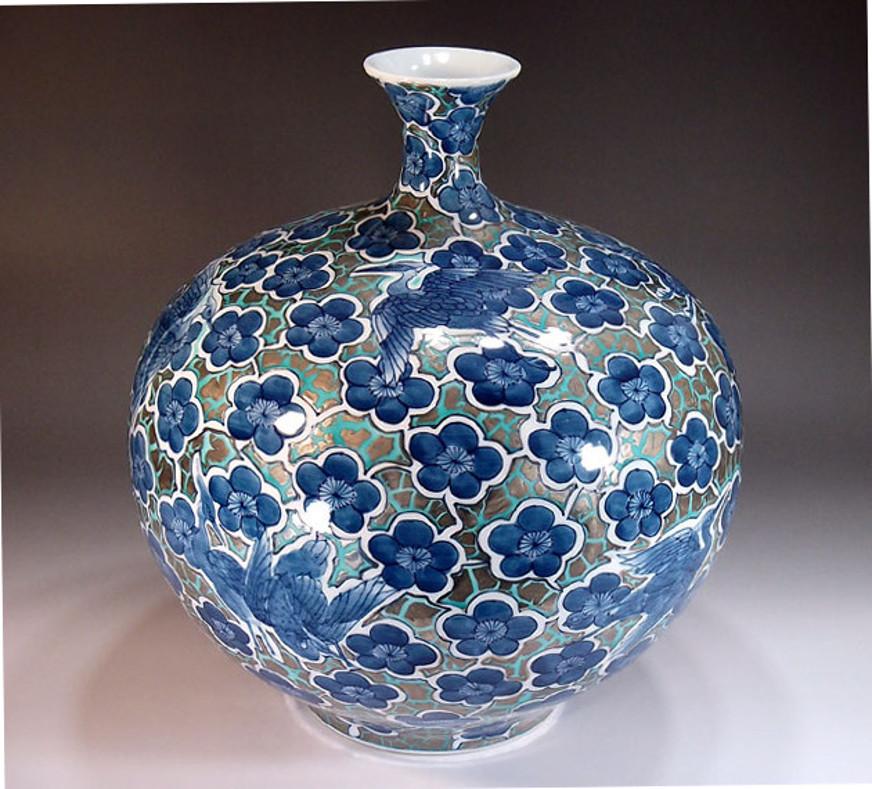 Hand-Painted Japanese Blue Contemporary Gilded Imari Porcelain Vase by Master Artist
