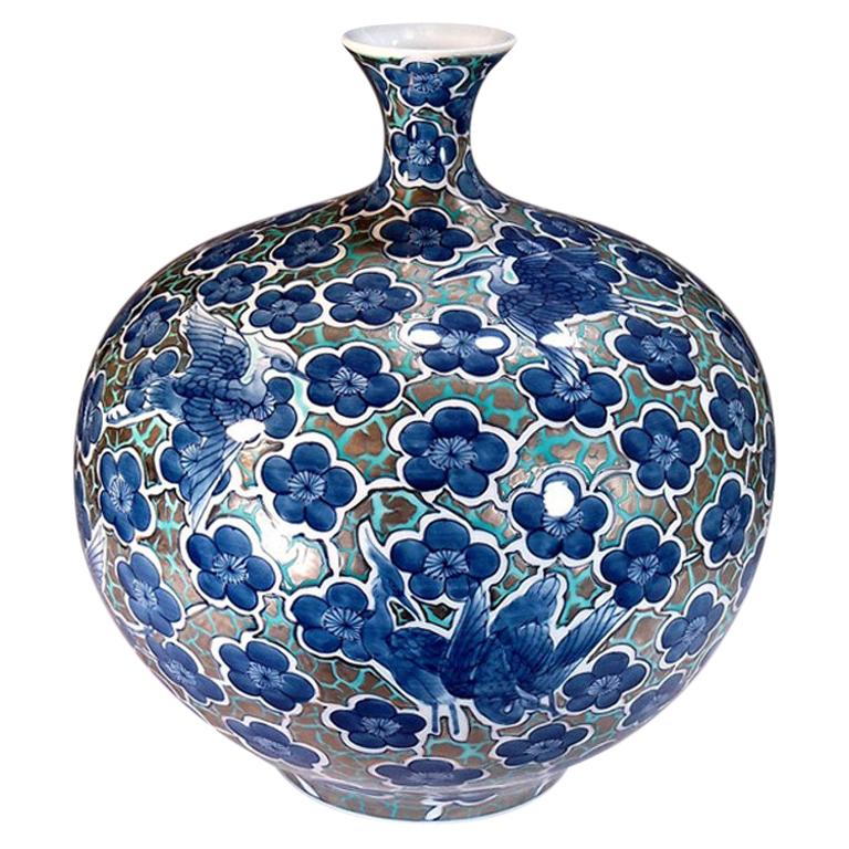 Japanese Blue Contemporary Gilded Imari Porcelain Vase by Master Artist