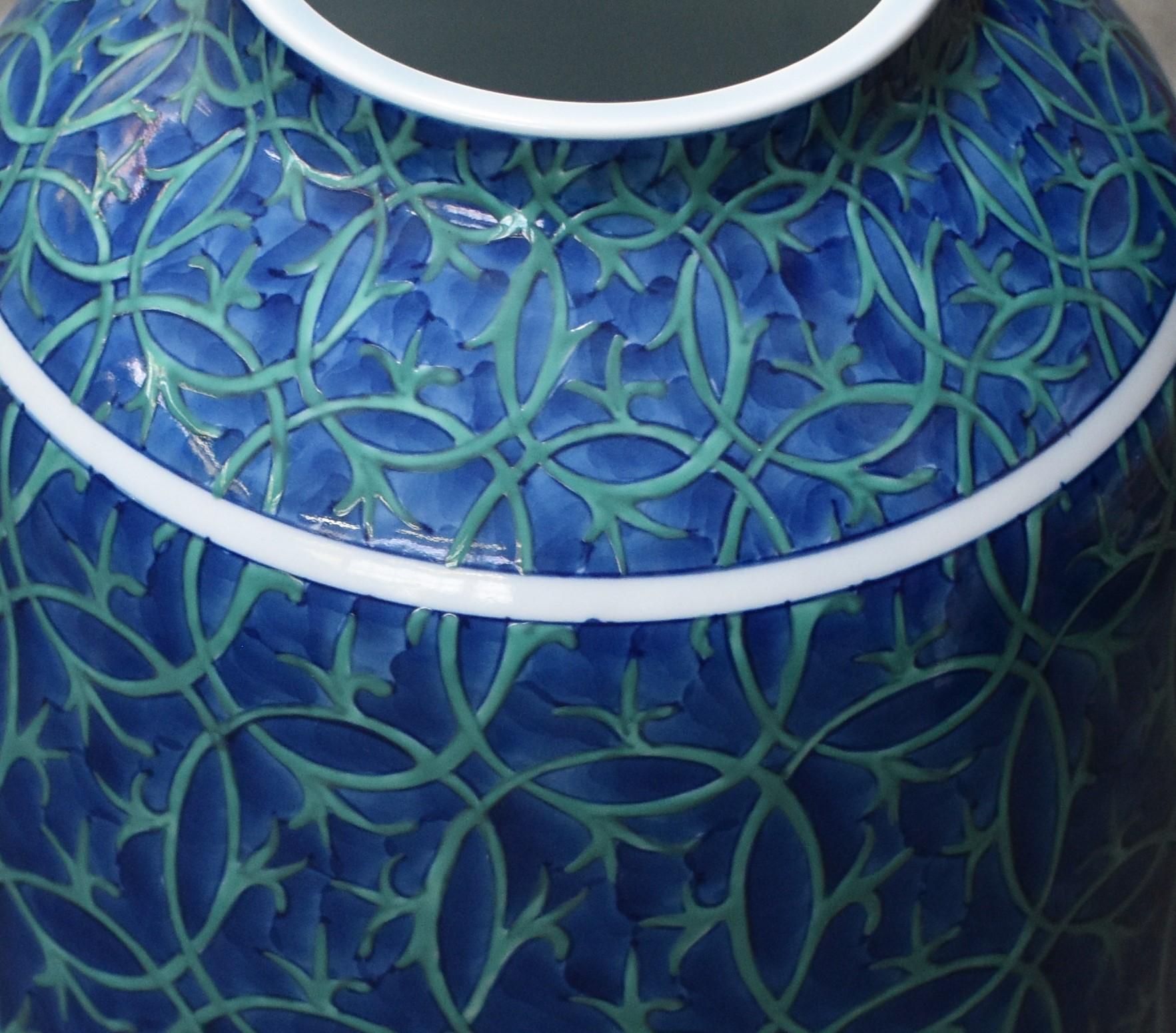 Meiji Japanese Contemporary Blue Green Porcelain Vase by Master Artist, 4 For Sale