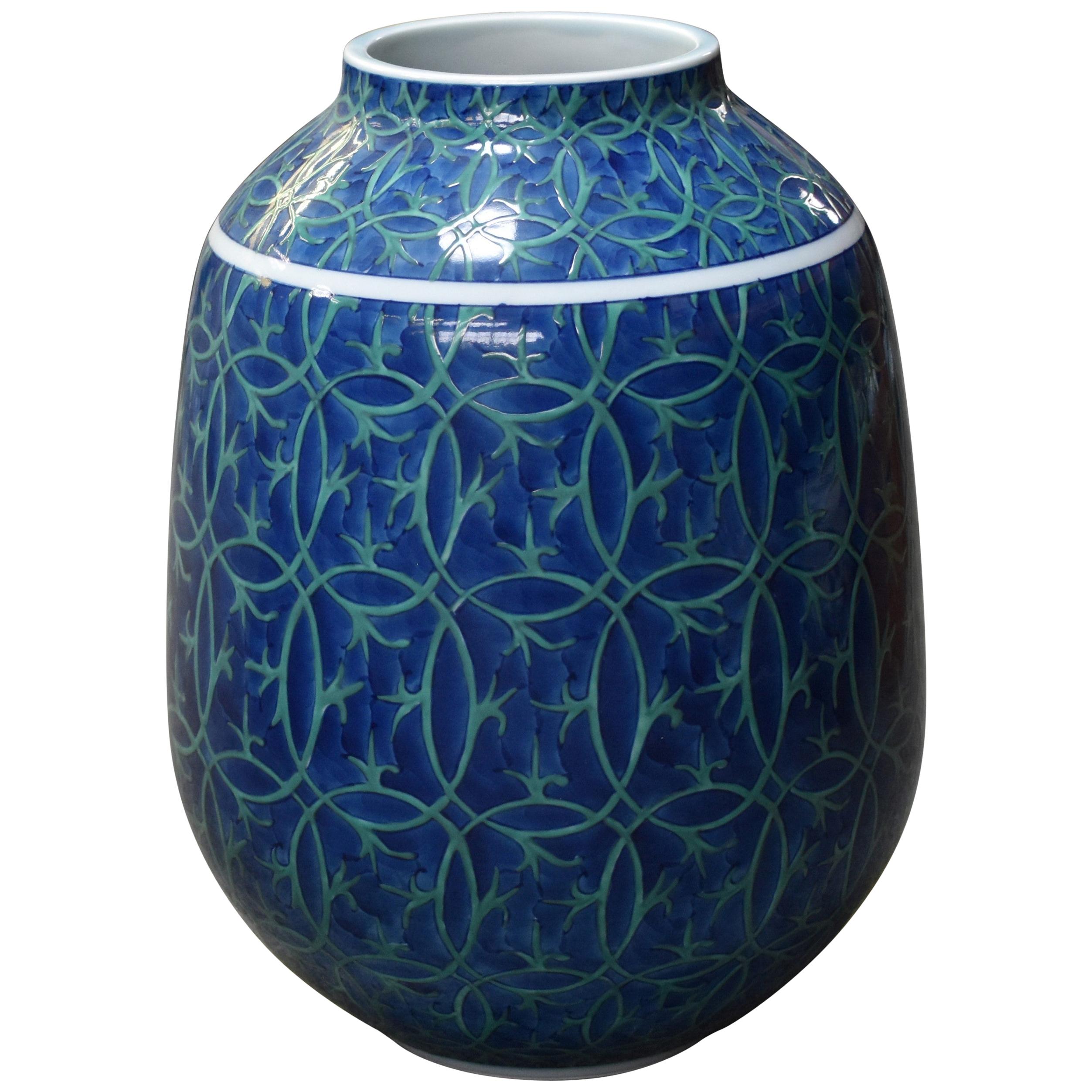 Vase japonais contemporain en porcelaine bleu et vert par un maître artiste, 4 pièces