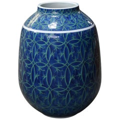 Japanese Contemporary Blue Green Porcelain Vase by Master Artist, 4