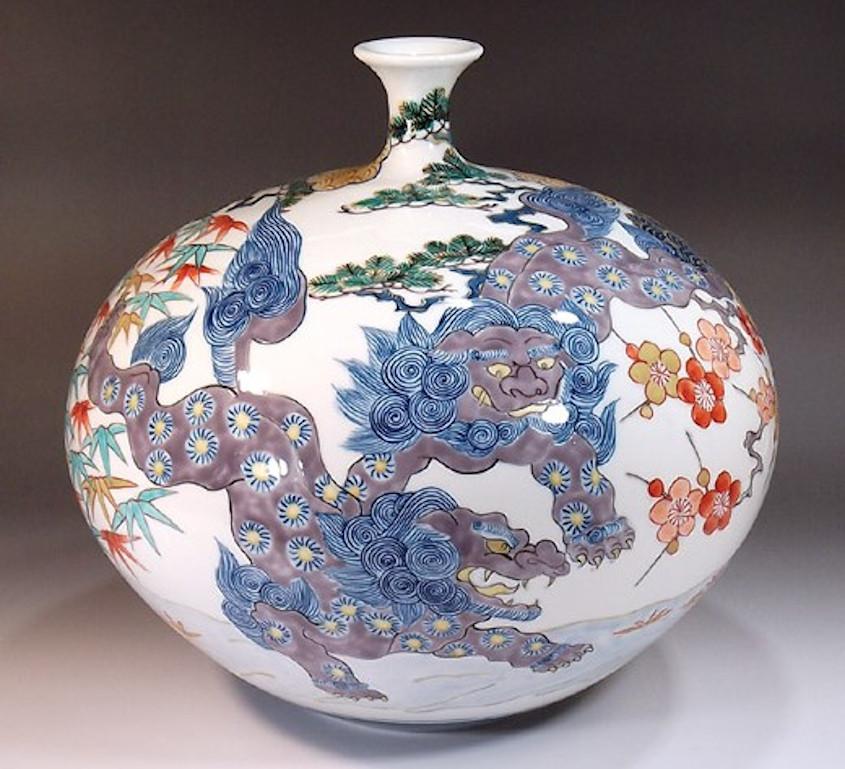 Meiji Japanese Blue, Green, Red and Brown Porcelain Vase by Contemporary Master Artist For Sale