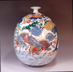 Japanese Blue, Green, Red and Gold Porcelain Vase by Contemporary Master Artist