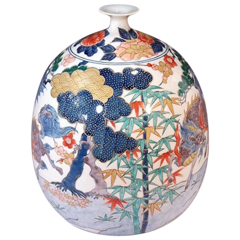 Japanese Blue, Green, Red and Gold Porcelain Vase by Contemporary Master Artist For Sale