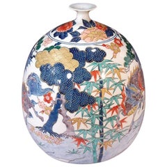 Japanische Vase aus blauem, grünem, rotem und goldenem Porzellan von zeitgenössischem Meisterkünstler