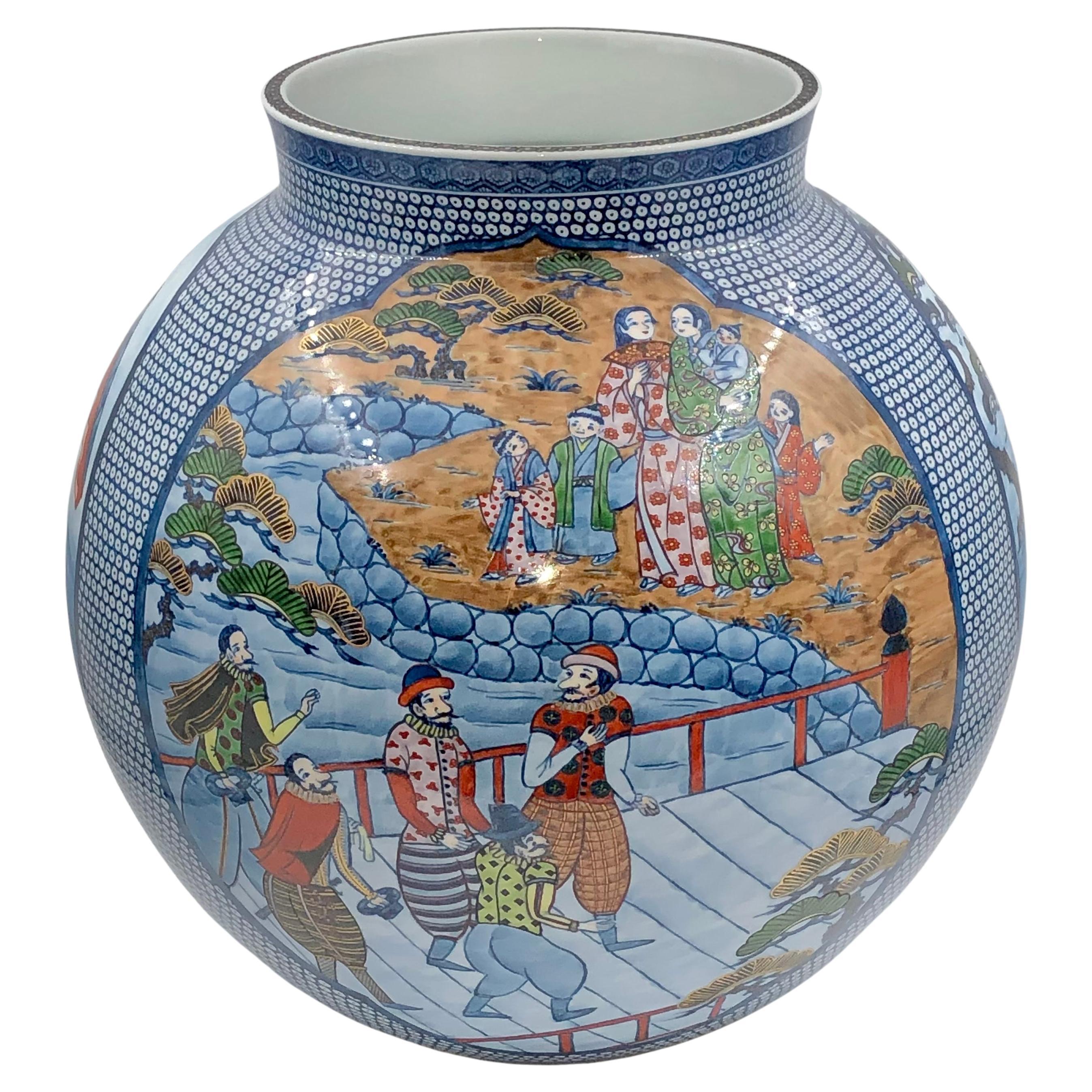 Dipinto a mano Vaso giapponese in porcellana blu, verde, rossa del maestro Artistics, 3 in vendita