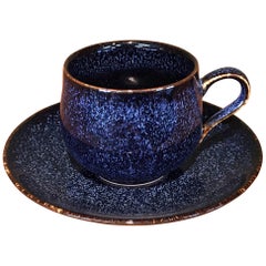Japanese Blue Hand-Glazed Porcelain Cup and Saucer by Contemporary Master Artist