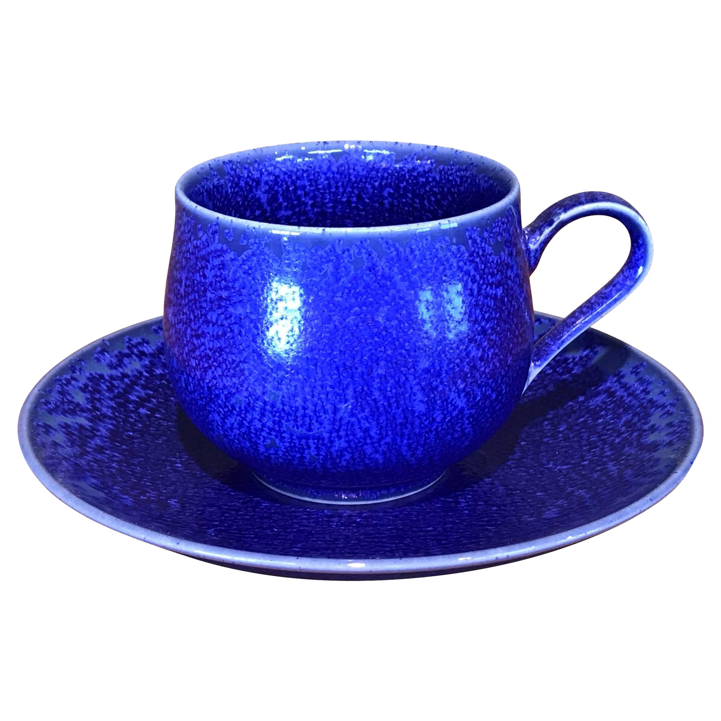 Japanese Blue Hand-Glazed Porcelain Cup and Saucer by Master Artist