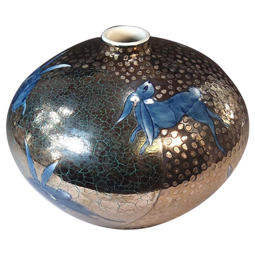 Japanese Blue Platinum-Gilded Imari Porcelain Vase by Contemporary Master Artist