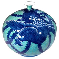 Japanese Blue Porcelain Vase by Contemporary Master Artist