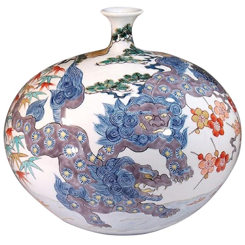 Japanische Zeitgenössische Blau Lila Rot Gold Porzellan Vase von Meister Künstler