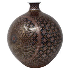 Japanese Blue Red Gold Platinum Porcelain Vase by Contemporary Master Artist