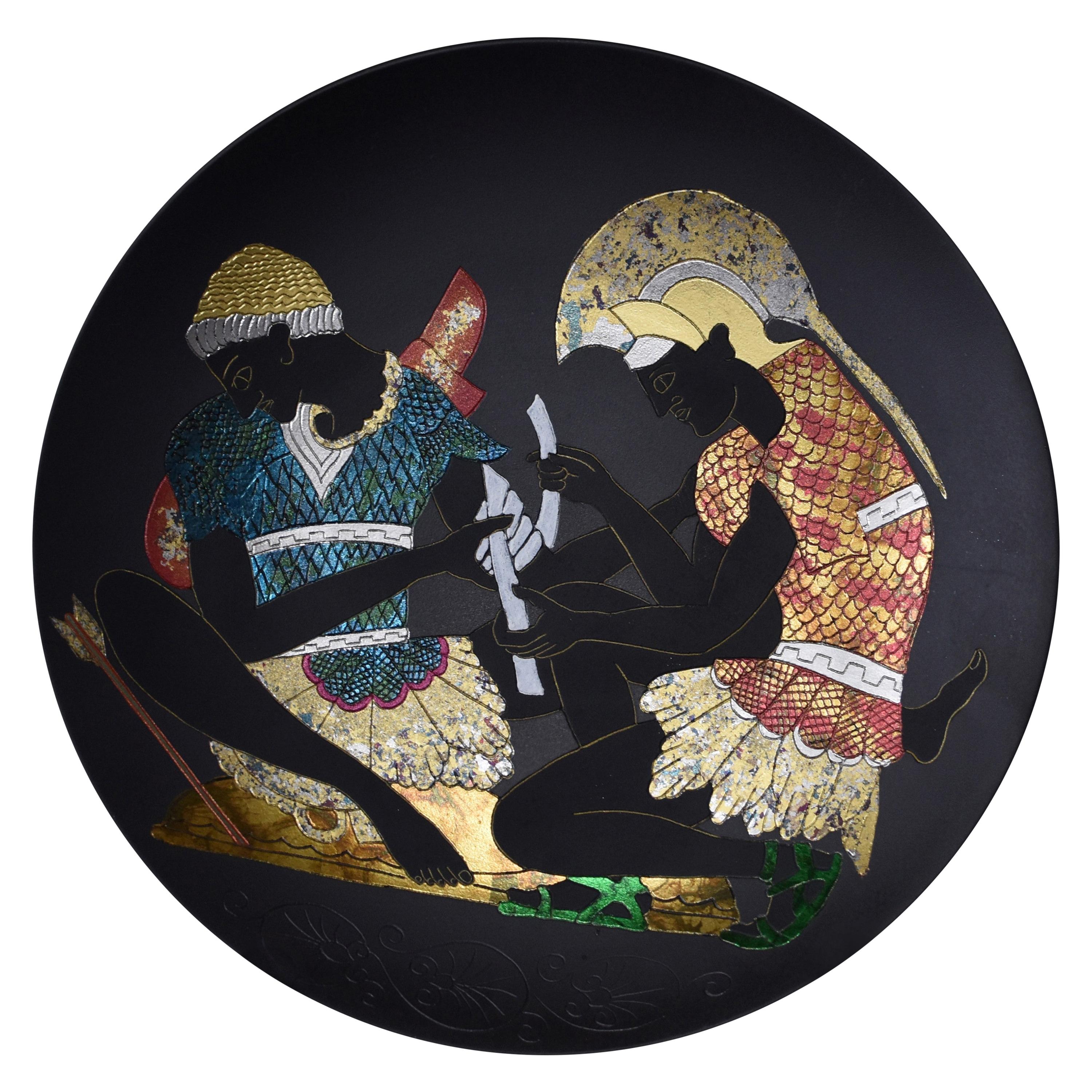 Assiette de présentation japonaise contemporaine en porcelaine noire, rouge, or et platine de l'artiste