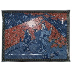 Japanese Blue Red Porcelain Charger by Master Artist, 4