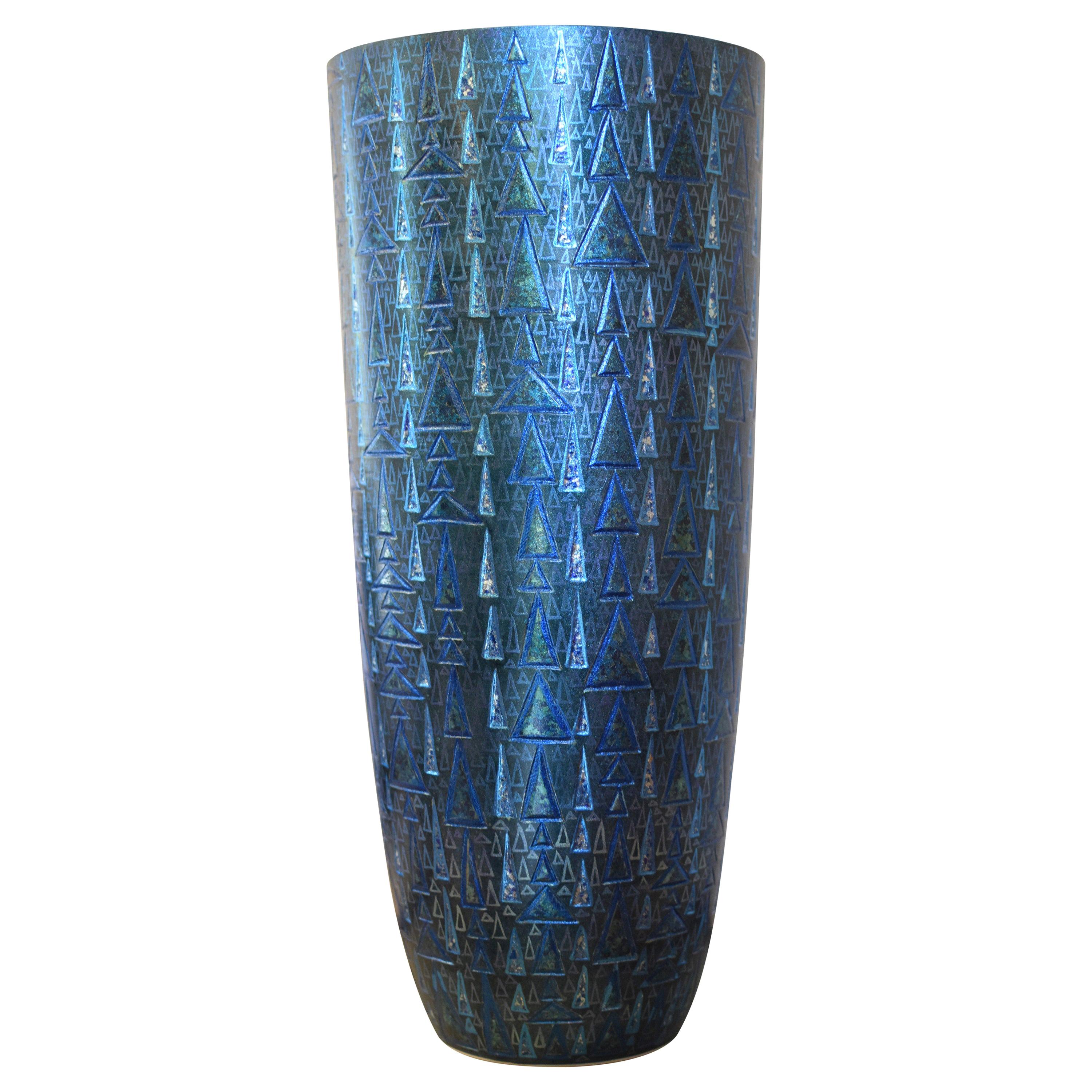 Japanese Contemporary Blue Silver Etched Porcelain Vase by Master Artist