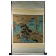 Japanese Blue Waterfall Scroll Landscape