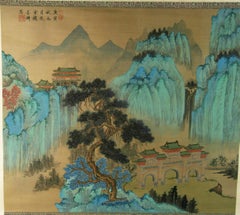 Japanese Blue Waterfall Scroll Landscape