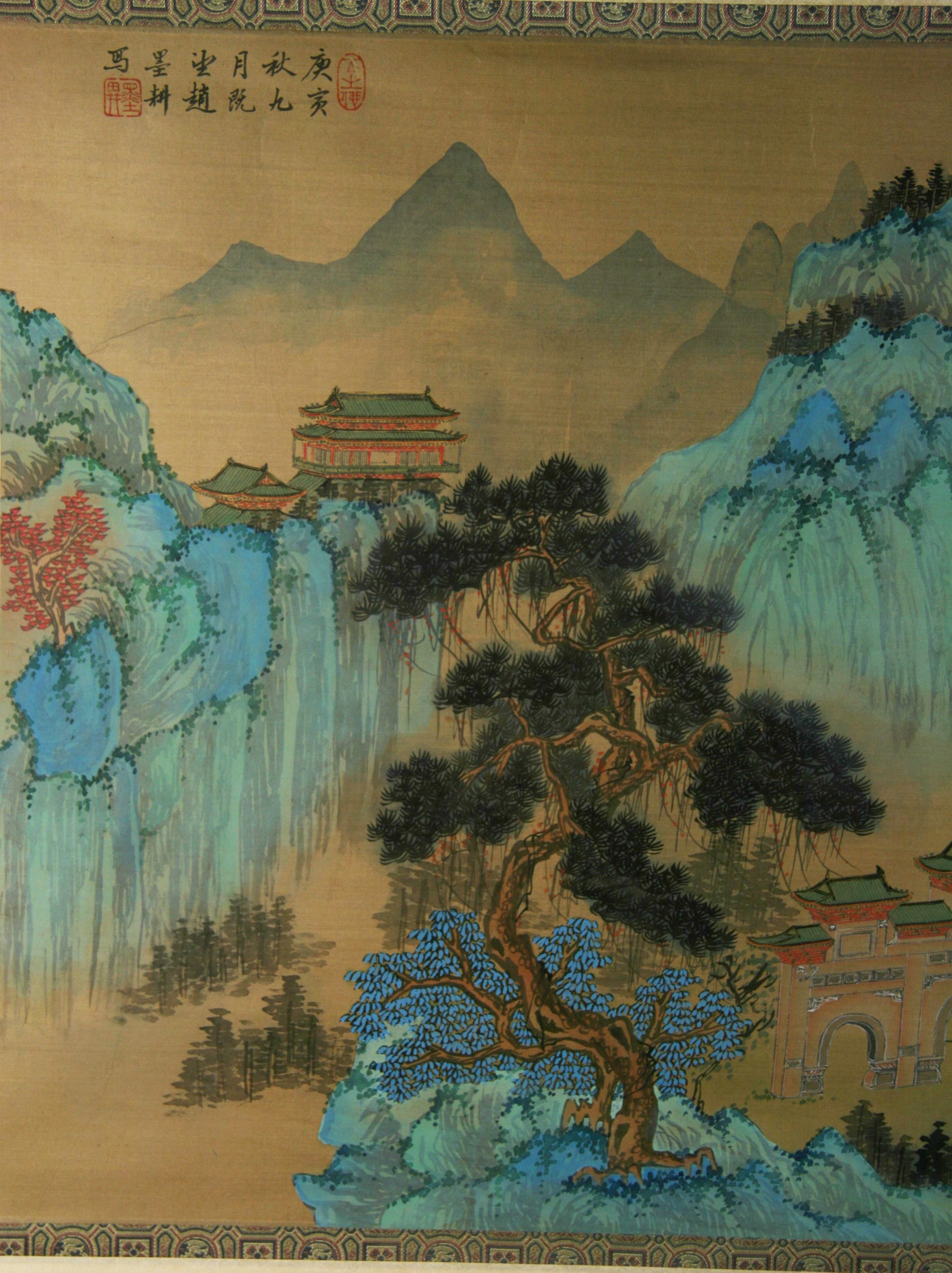 Mid-20th Century Japanese Blue Waterfall Scroll Landscape