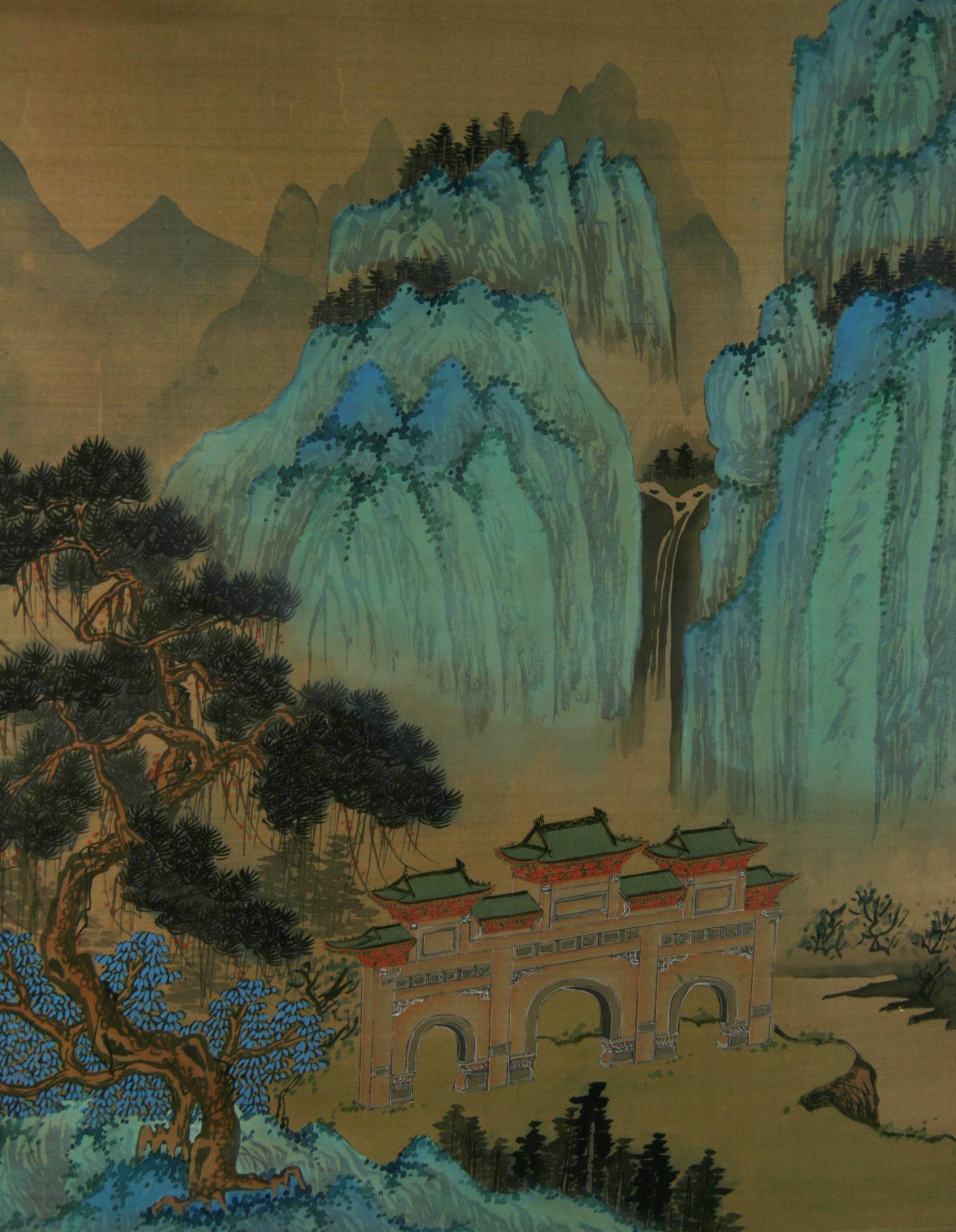 Silk Japanese Blue Waterfall Scroll Landscape