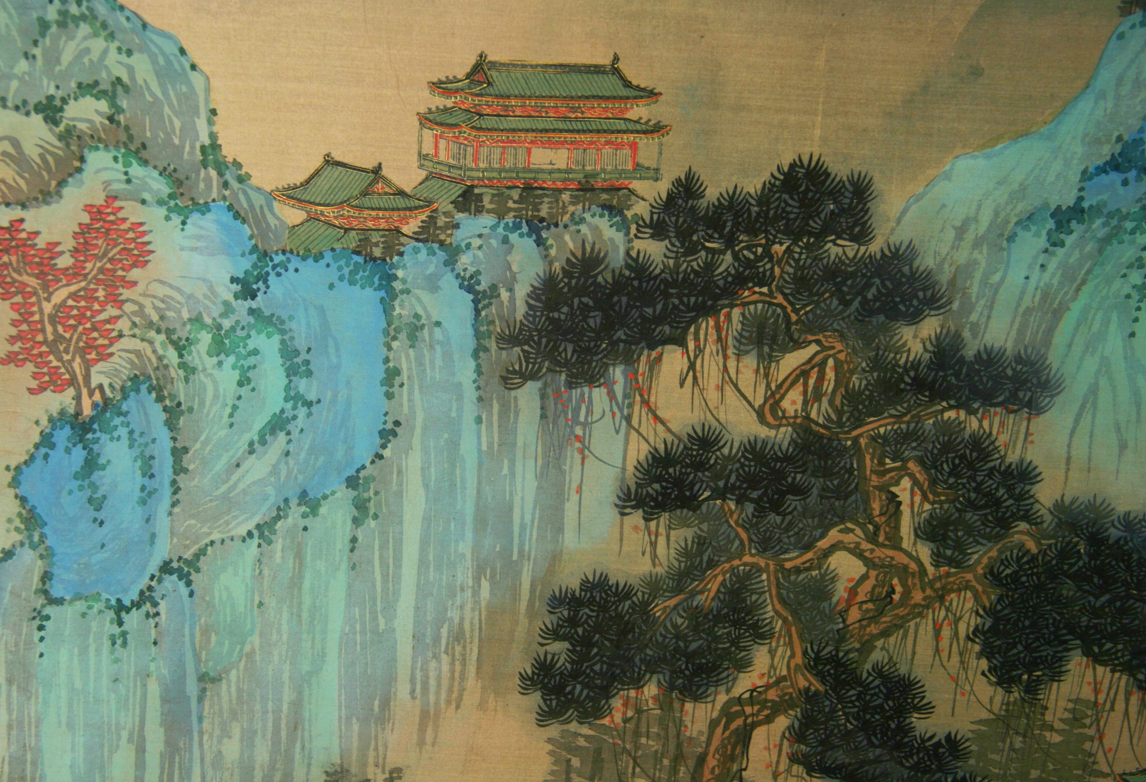 Japanese Blue Waterfall Scroll Landscape 1