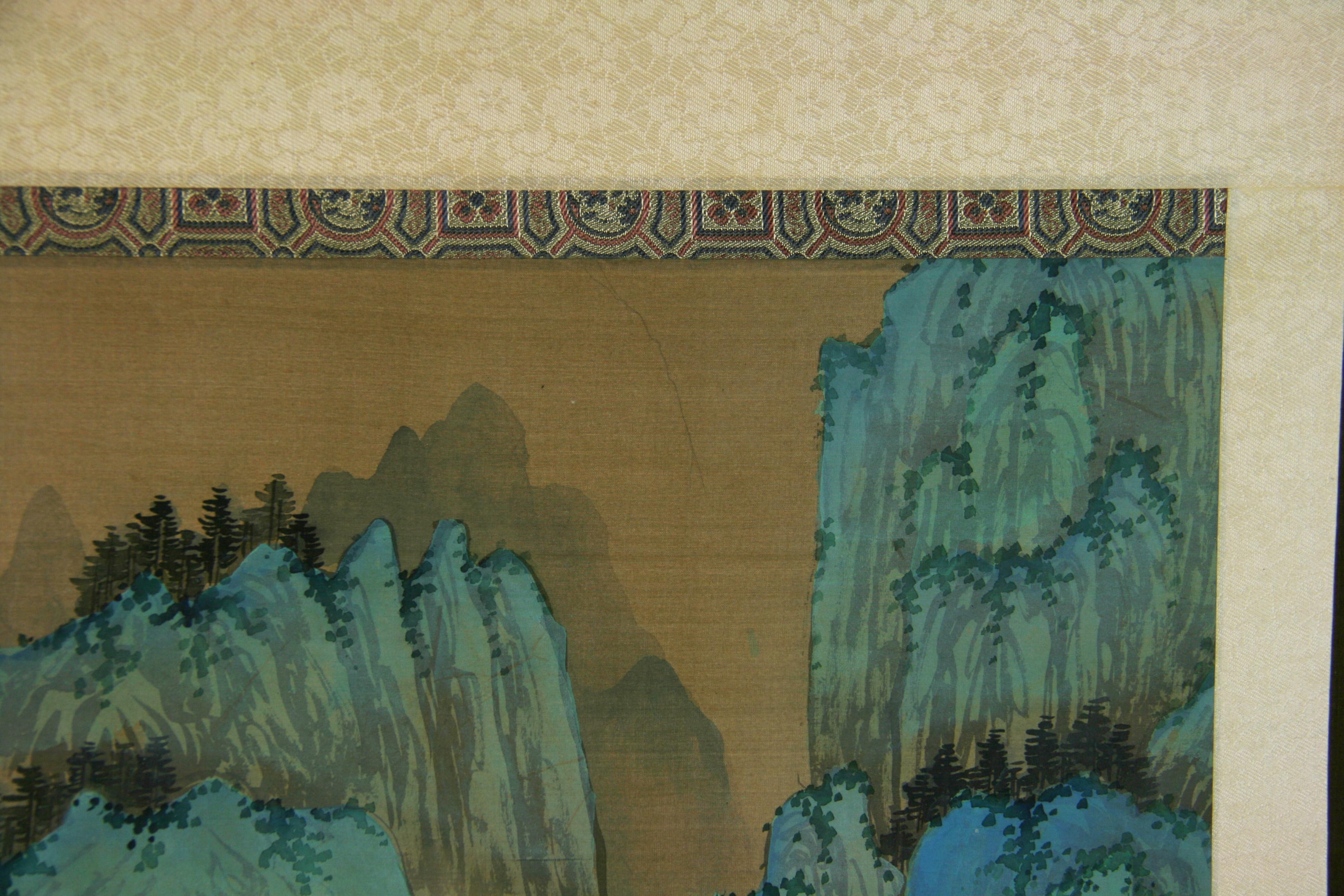 Japanese Blue Waterfall Scroll Landscape 2