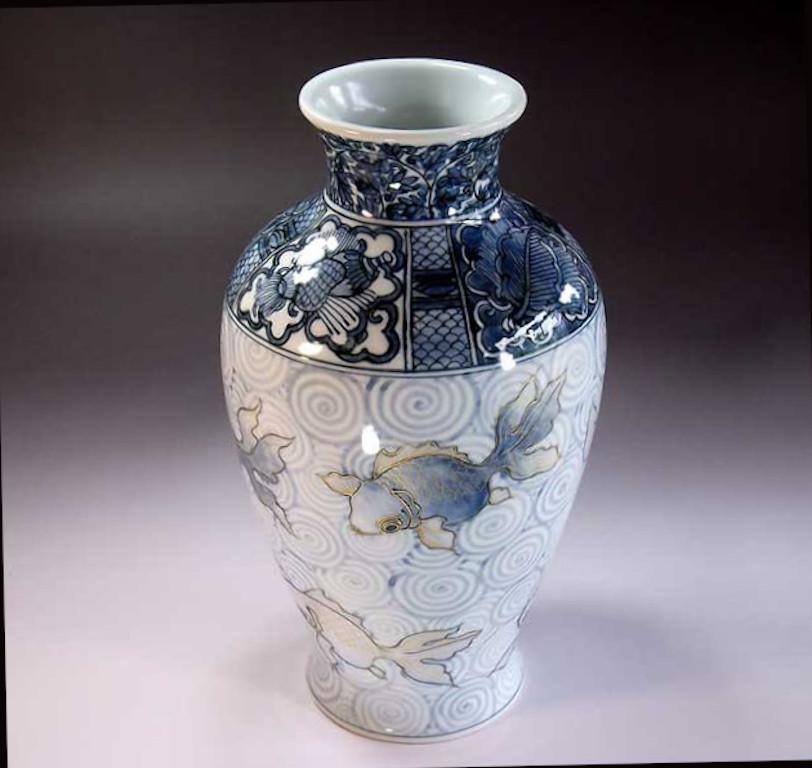 Hand-Painted Japanese Blue White Gold Porcelain Vase by Contemporary Master Artist