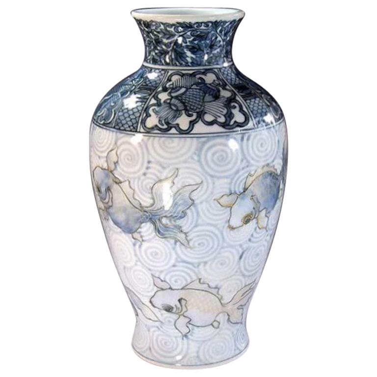 Japanese Blue White Gold Porcelain Vase by Contemporary Master Artist