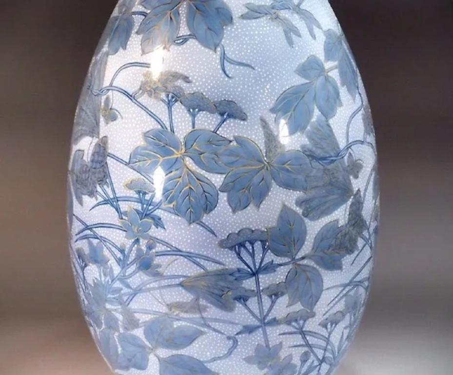 Hand-Painted Japanese Blue White Gold Porcelain Vase by Master Artist, 2 For Sale