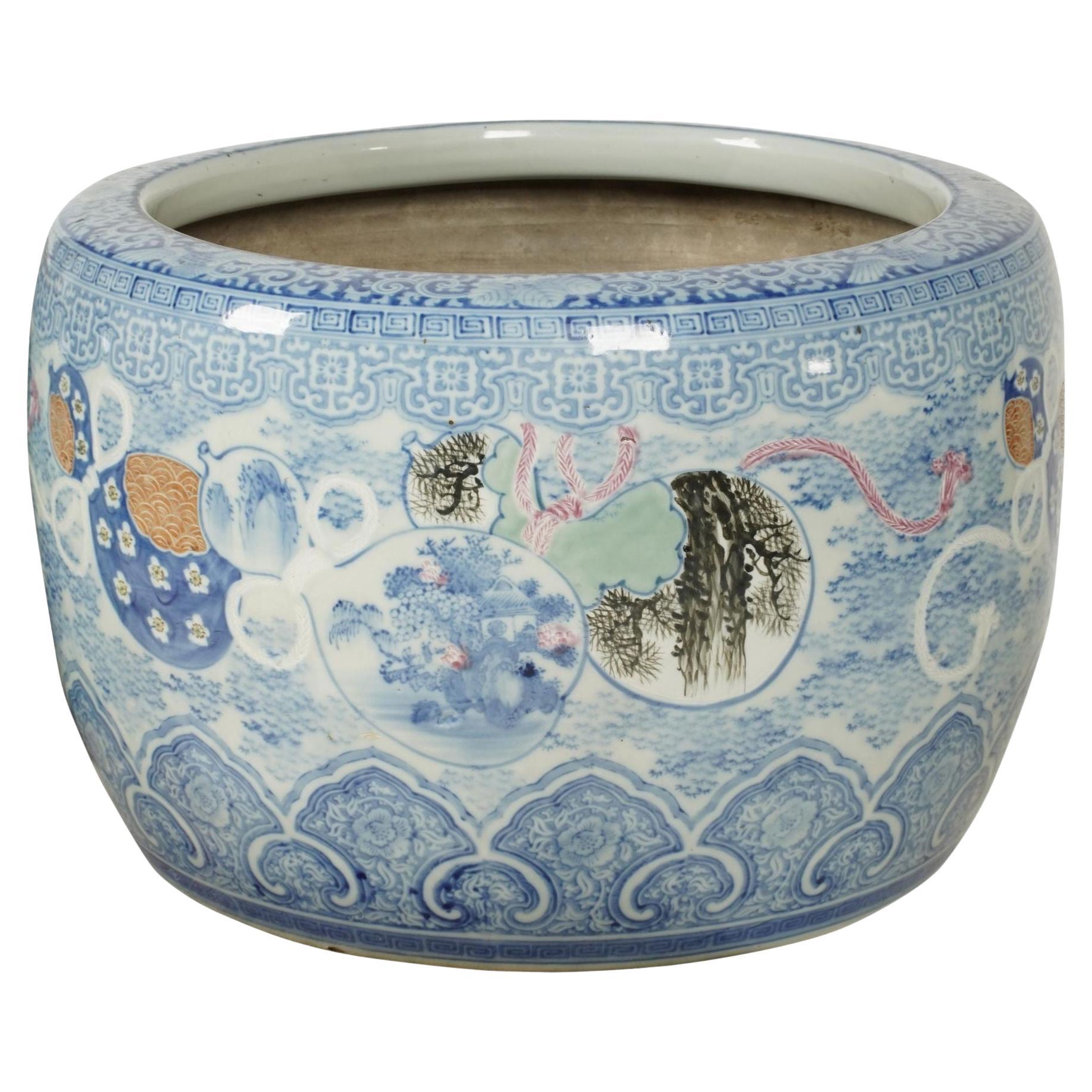 Japanese Blue & White Porcelain Hibachi / Fish Bowl Planter–Early 20th Century For Sale