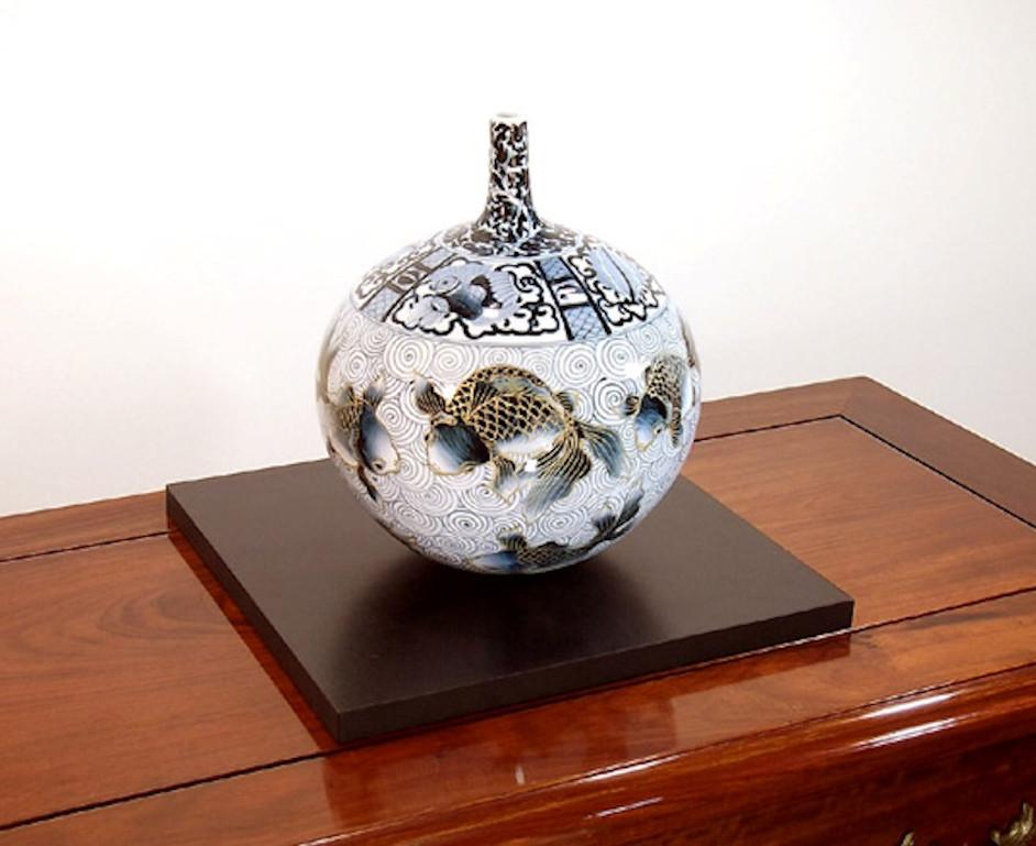 Gilt Japanese Contemporary Black Blue White Porcelain Vase by Master Artist