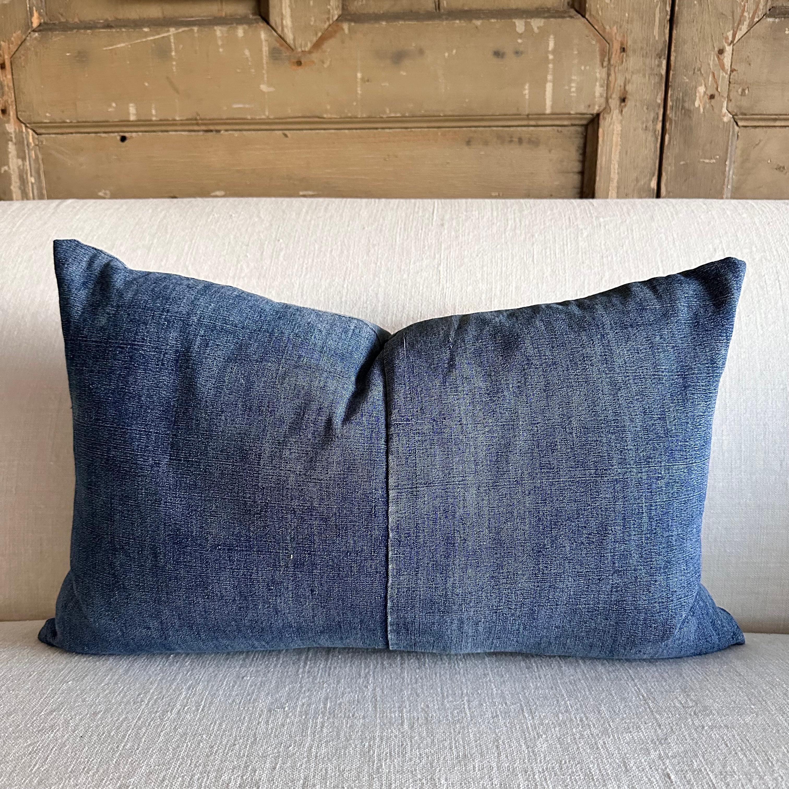 Japanese Blue Woven Denim Style Lumbar Pillow In New Condition For Sale In Brea, CA