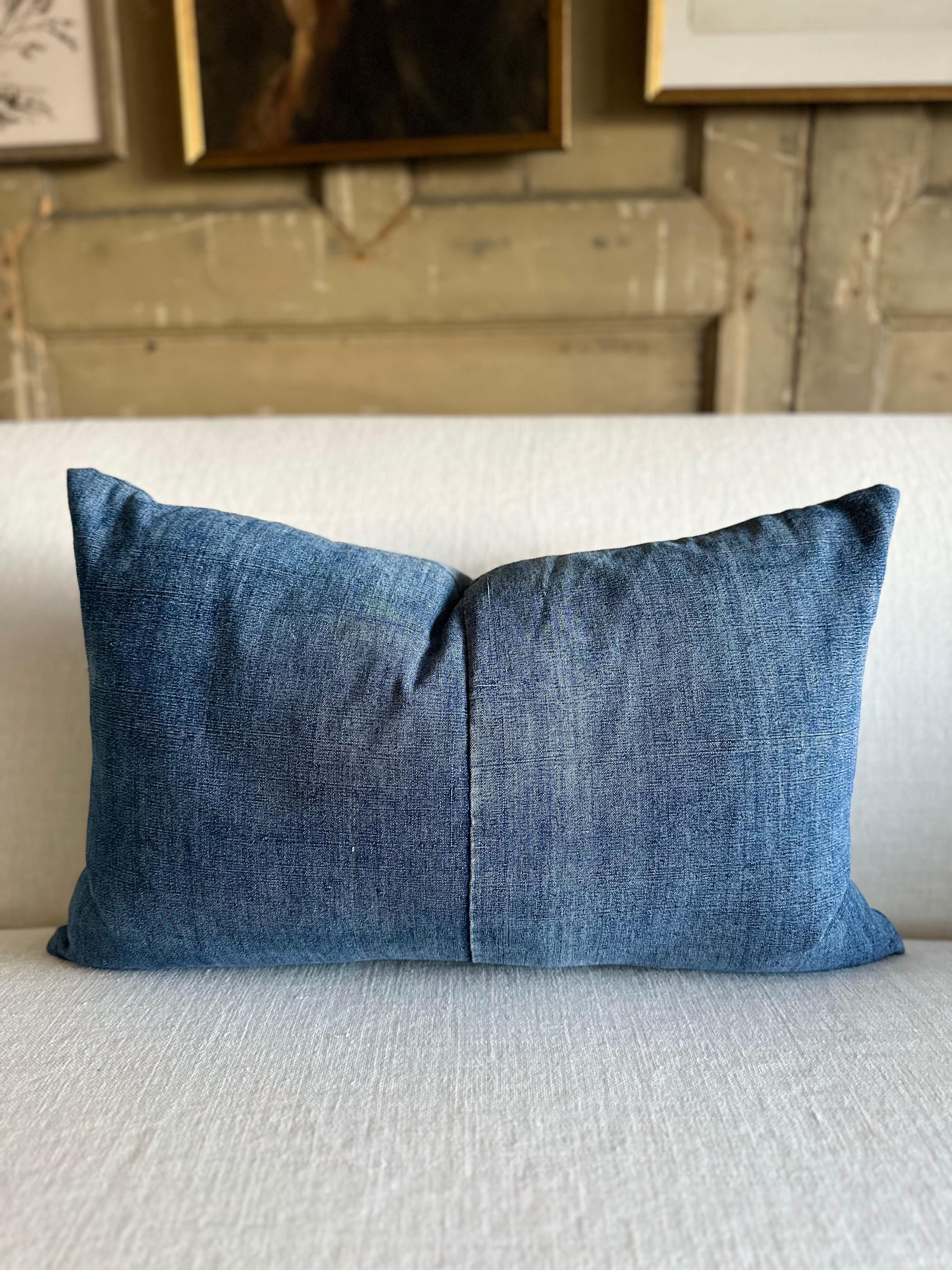 Contemporary Japanese Blue Woven Denim Style Lumbar Pillow For Sale