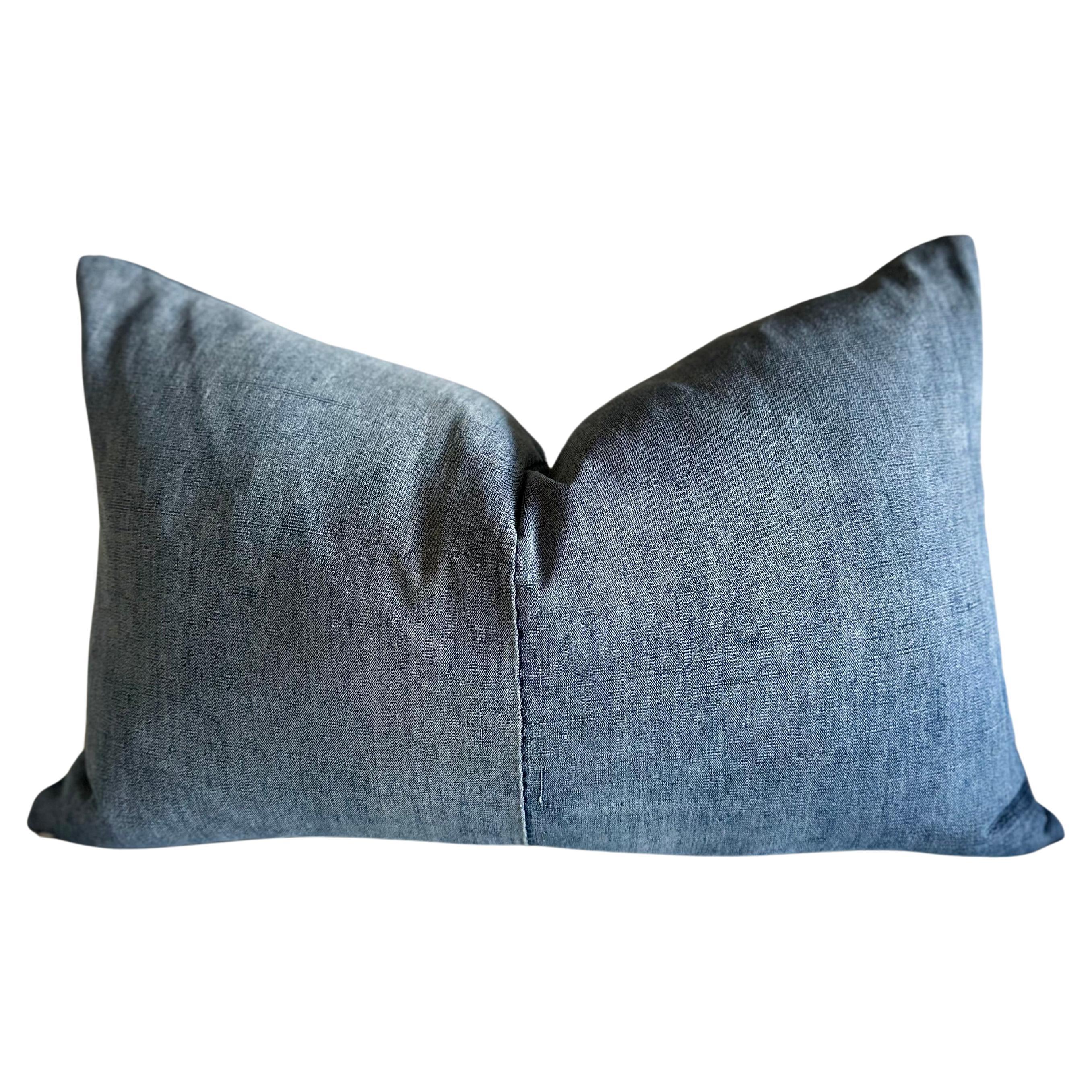 Japanese Blue Woven Denim Style Lumbar Pillow For Sale