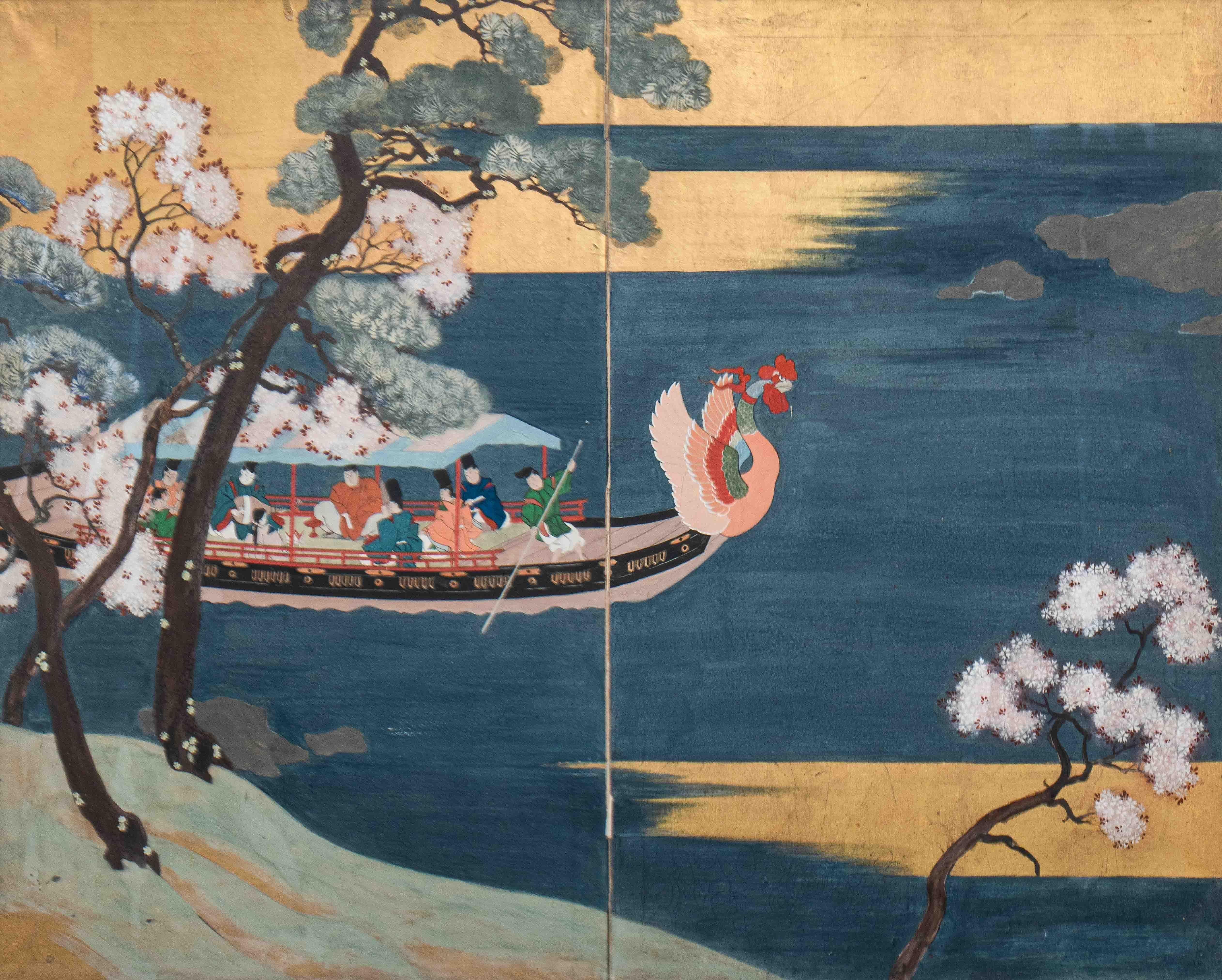 Japanese two-panel paint on paper painting depicting a boat scene with cherry blossoms and a gilt background, 20th century, housed under glass in a hardwood table screen frame.

Image: 24
