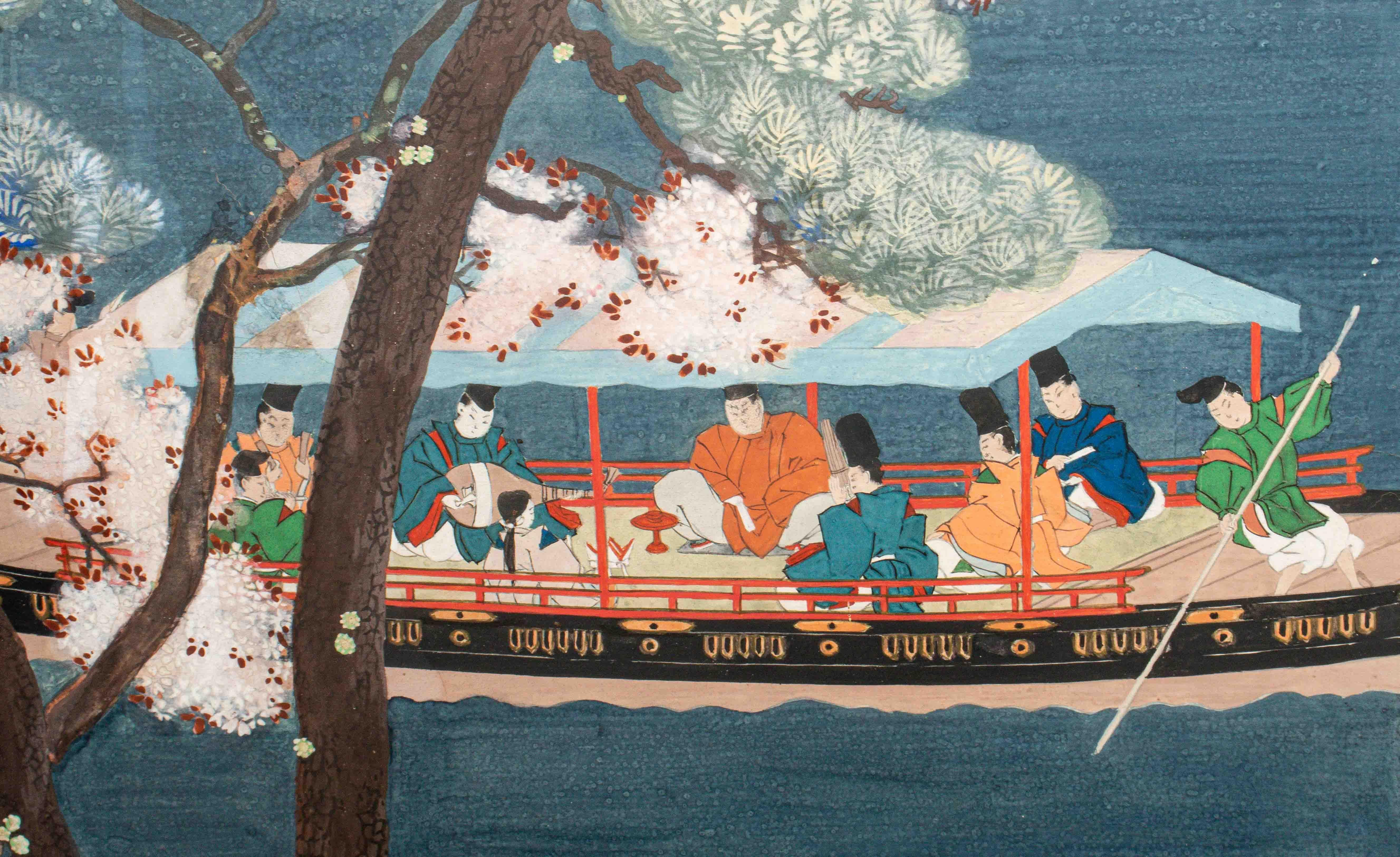 Japanese Boat Scene Painting Wooden Table Screen 2