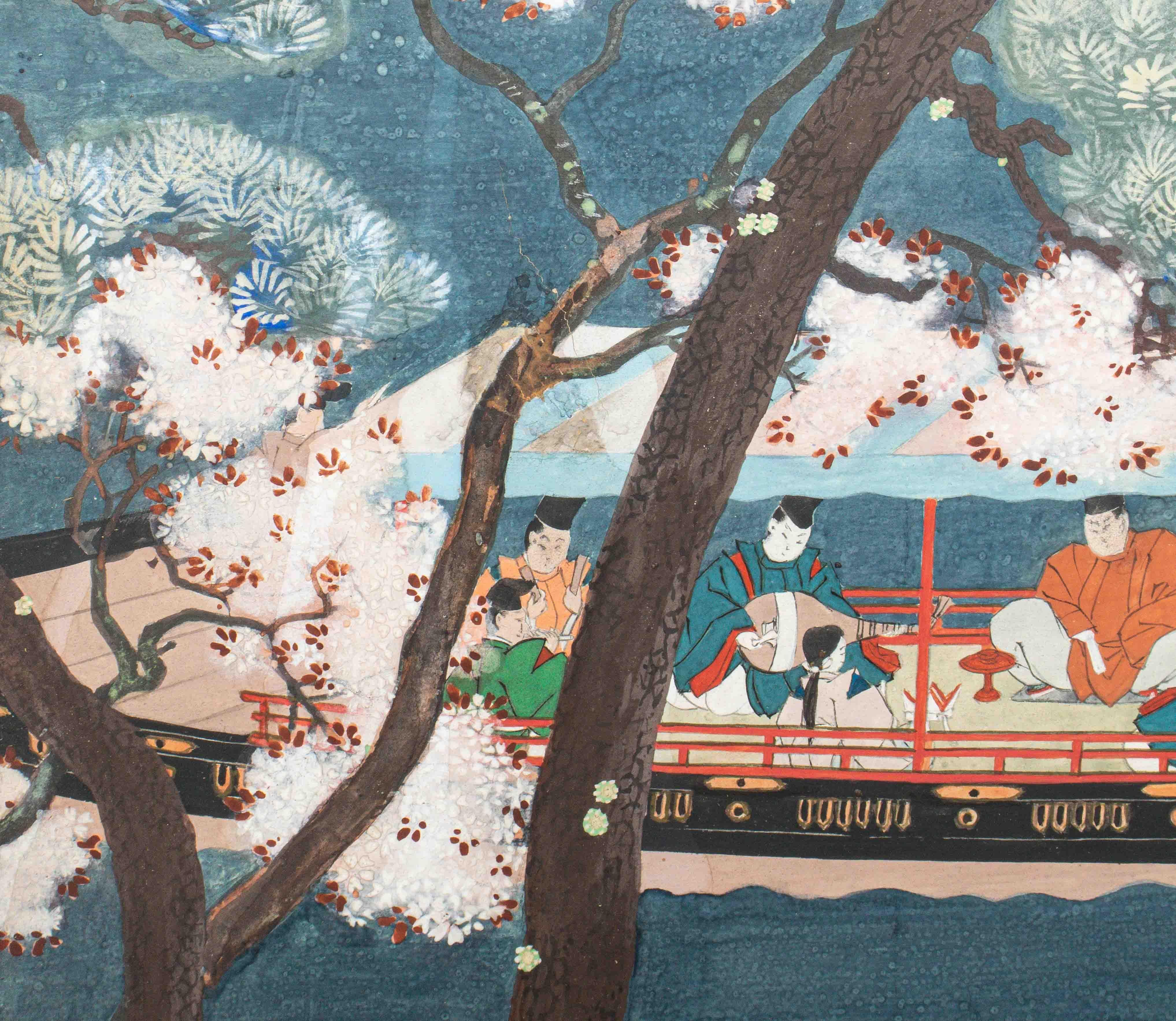 Japanese Boat Scene Painting Wooden Table Screen 3
