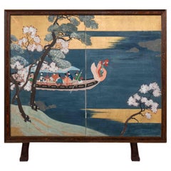 Japanese Boat Scene Painting Wooden Table Screen