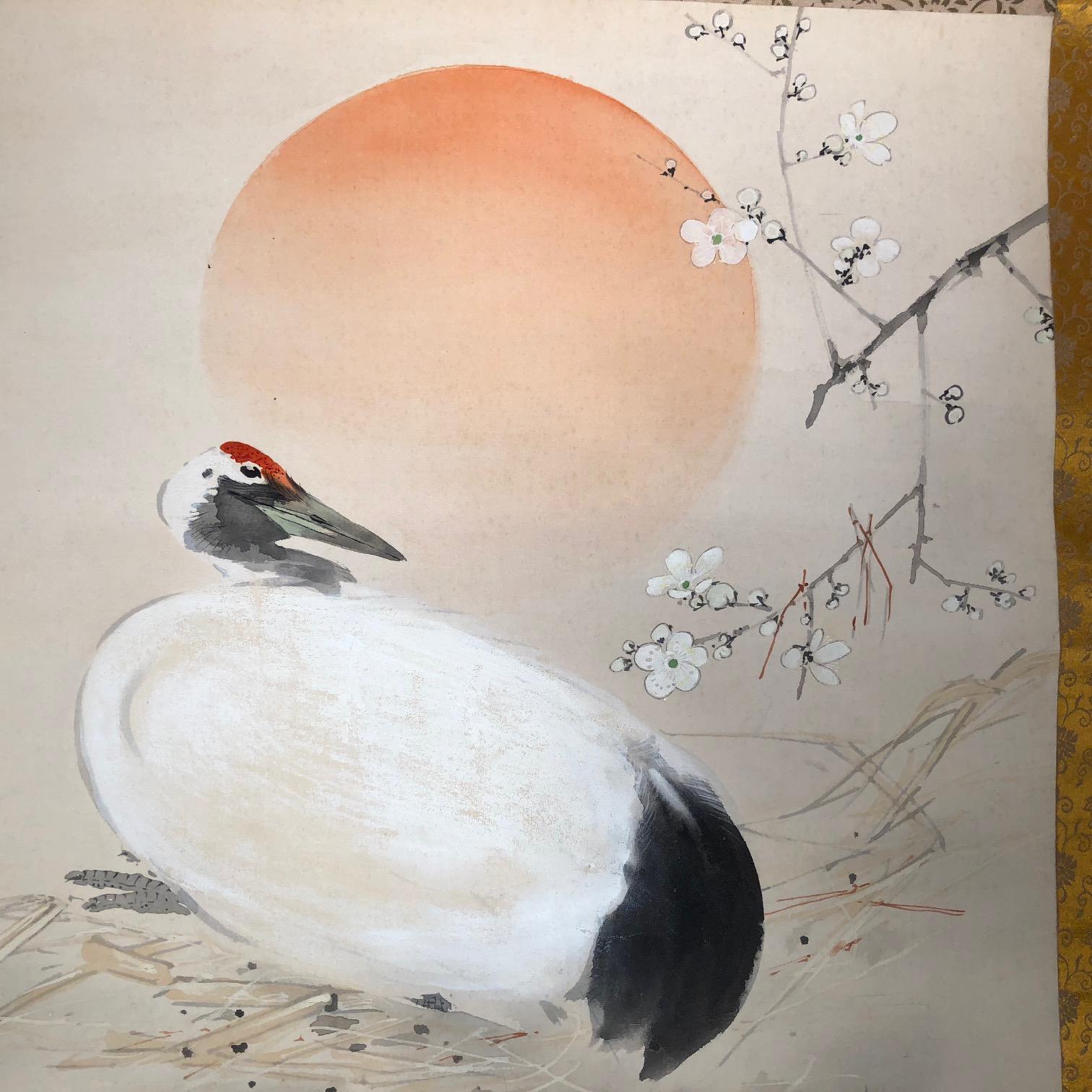 Japanese Bold and Old Hand-Painted Sun Rise and Crane Silk Scroll, Original Box 3
