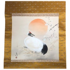 Japanese Bold and Old Hand-Painted Sun Rise and Crane Silk Scroll, Original Box