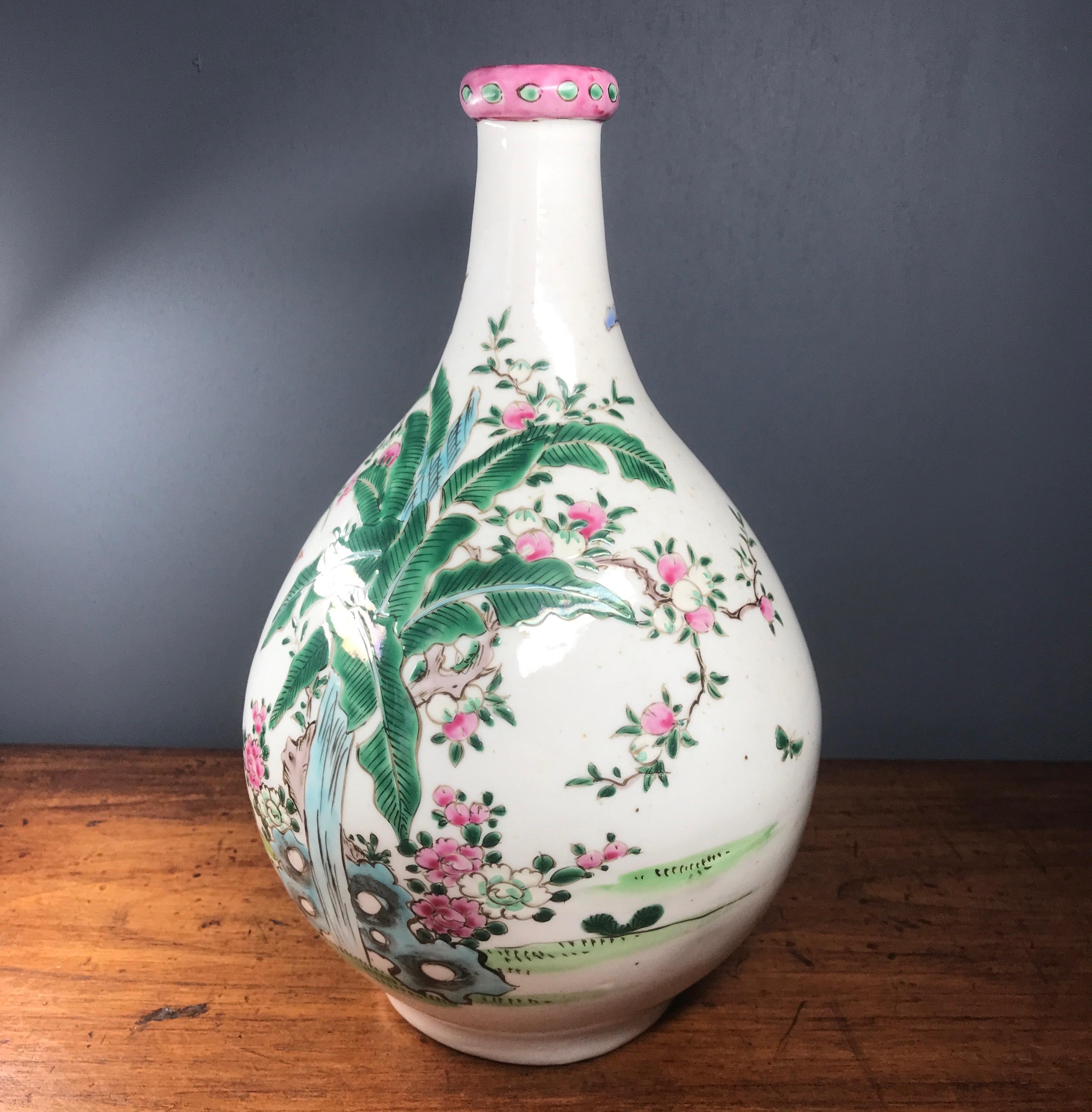 Meiji Japanese Bottle Shape Vase, Famille Rose Colours, 19th Century For Sale